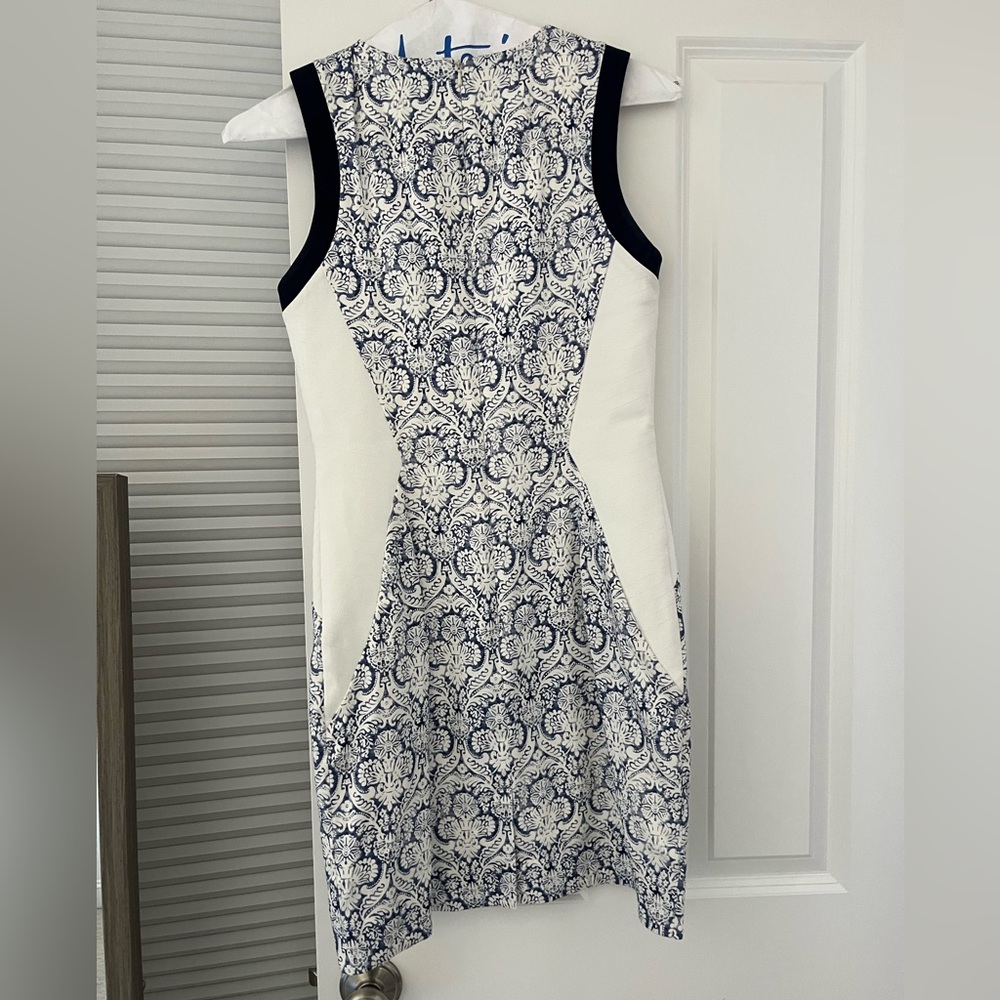 Blue and White Sheath Mini Dress with Crew Neck